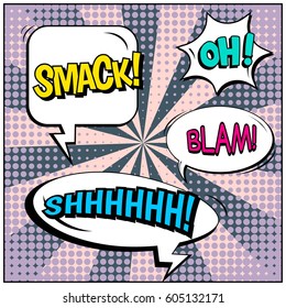 Abstract creative concept comic pop art style blank, layout template with clouds beams and isolated dots background. For sale banner, empty speech bubble set, vector illustration halftone book design