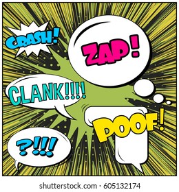 Abstract creative concept comic pop art style blank, layout template with clouds beams and isolated dots background. For sale banner, empty speech bubble set, vector illustration halftone book design