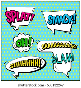 Abstract creative concept comic pop art style blank, layout template with clouds beams and isolated dots background. For sale banner, empty speech bubble set, vector illustration halftone book design