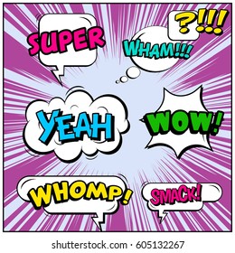 Abstract creative concept comic pop art style blank, layout template with clouds beams and isolated dots background. For sale banner, empty speech bubble set, vector illustration halftone book design
