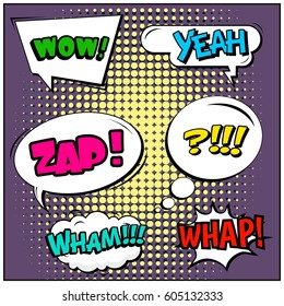 Abstract creative concept comic pop art style blank, layout template with clouds beams and isolated dots background. For sale banner, empty speech bubble set, vector illustration halftone book design