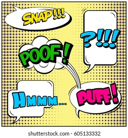 Abstract creative concept comic pop art style blank, layout template with clouds beams and isolated dots background. For sale banner, empty speech bubble set, vector illustration halftone book design