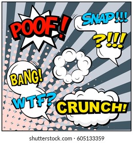 Abstract creative concept comic pop art style blank, layout template with clouds beams and isolated dots background. For sale banner, empty speech bubble set, vector illustration halftone book design