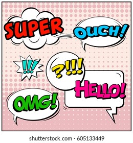Abstract creative concept comic pop art style blank, layout template with clouds beams and isolated dots background. For sale banner, empty speech bubble set, vector illustration halftone book design