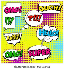Abstract creative concept comic pop art style blank, layout template with clouds beams and isolated dots background. For sale banner, empty speech bubble set, vector illustration halftone book design