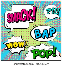 Abstract creative concept comic pop art style blank, layout template with clouds beams and isolated dots background. For sale banner, empty speech bubble set, vector illustration halftone book design