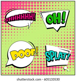 Abstract creative concept comic pop art style blank, layout template with clouds beams and isolated dots background. For sale banner, empty speech bubble set, vector illustration halftone book design
