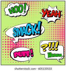 Abstract creative concept comic pop art style blank, layout template with clouds beams and isolated dots background. For sale banner, empty speech bubble set, vector illustration halftone book design