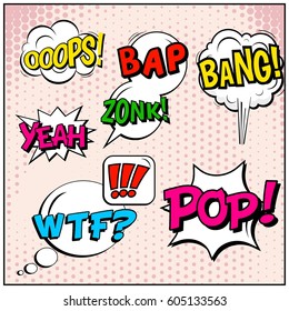 Abstract creative concept comic pop art style blank, layout template with clouds beams and isolated dots background. For sale banner, empty speech bubble set, vector illustration halftone book design