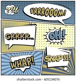 Abstract creative concept comic pop art style blank, layout template with clouds beams and isolated dots background. For sale banner, empty speech bubble set, vector illustration halftone book design