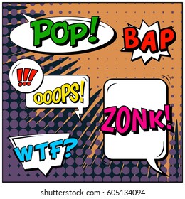 Abstract creative concept comic pop art style blank, layout template with clouds beams and isolated dots background. For sale banner, empty speech bubble set, vector illustration halftone book design