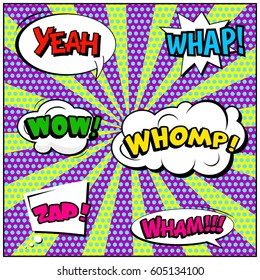 Abstract creative concept comic pop art style blank, layout template with clouds beams and isolated dots background. For sale banner, empty speech bubble set, vector illustration halftone book design