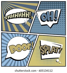 Abstract creative concept comic pop art style blank, layout template with clouds beams and isolated dots background. For sale banner, empty speech bubble set, vector illustration halftone book design