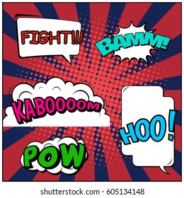 Abstract creative concept comic pop art style blank, layout template with clouds beams and isolated dots background. For sale banner, empty speech bubble set, vector illustration halftone book design
