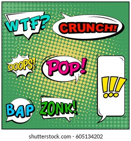 Abstract creative concept comic pop art style blank, layout template with clouds beams and isolated dots background. For sale banner, empty speech bubble set, vector illustration halftone book design