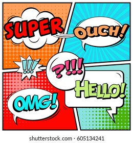 Abstract creative concept comic pop art style blank, layout template with clouds beams and isolated dots background. For sale banner, empty speech bubble set, vector illustration halftone book design