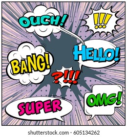 Abstract creative concept comic pop art style blank, layout template with clouds beams and isolated dots background. For sale banner, empty speech bubble set, vector illustration halftone book design