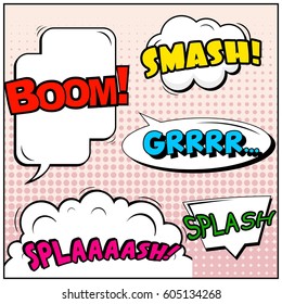 Abstract creative concept comic pop art style blank, layout template with clouds beams and isolated dots background. For sale banner, empty speech bubble set, vector illustration halftone book design