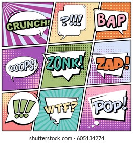 Abstract creative concept comic pop art style blank, layout template with clouds beams and isolated dots background. For sale banner, empty speech bubble set, vector illustration halftone book design