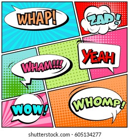 Abstract creative concept comic pop art style blank, layout template with clouds beams and isolated dots background. For sale banner, empty speech bubble set, vector illustration halftone book design