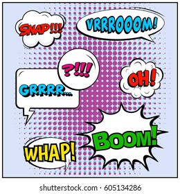 Abstract creative concept comic pop art style blank, layout template with clouds beams and isolated dots background. For sale banner, empty speech bubble set, vector illustration halftone book design
