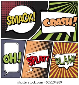 Abstract creative concept comic pop art style blank, layout template with clouds beams and isolated dots background. For sale banner, empty speech bubble set, vector illustration halftone book design