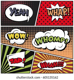 Abstract creative concept comic pop art style blank, layout template with clouds beams and isolated dots background. For sale banner, empty speech bubble set, vector illustration halftone book design