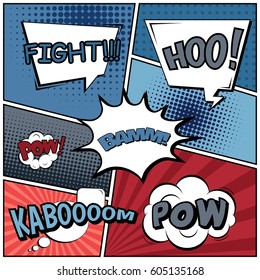 Abstract creative concept comic pop art style blank, layout template with clouds beams and isolated dots background. For sale banner, empty speech bubble set, vector illustration halftone book design
