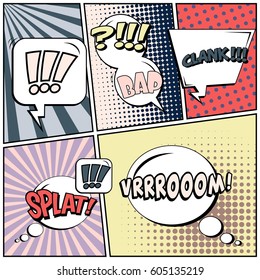 Abstract creative concept comic pop art style blank, layout template with clouds beams and isolated dots background. For sale banner, empty speech bubble set, vector illustration halftone book design
