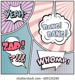 Abstract creative concept comic pop art style blank, layout template with clouds beams and isolated dots background. For sale banner, empty speech bubble set, vector illustration halftone book design