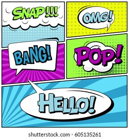 Abstract creative concept comic pop art style blank, layout template with clouds beams and isolated dots background. For sale banner, empty speech bubble set, vector illustration halftone book design