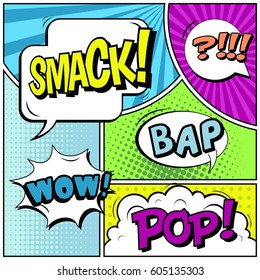 Abstract creative concept comic pop art style blank, layout template with clouds beams and isolated dots background. For sale banner, empty speech bubble set, vector illustration halftone book design