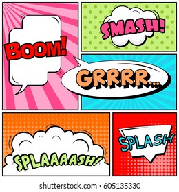 Abstract creative concept comic pop art style blank, layout template with clouds beams and isolated dots background. For sale banner, empty speech bubble set, vector illustration halftone book design
