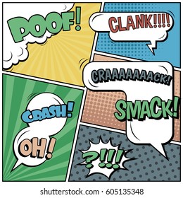 Abstract creative concept comic pop art style blank, layout template with clouds beams and isolated dots background. For sale banner, empty speech bubble set, vector illustration halftone book design