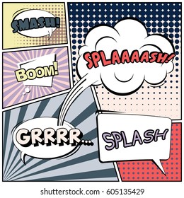 Abstract creative concept comic pop art style blank, layout template with clouds beams and isolated dots background. For sale banner, empty speech bubble set, vector illustration halftone book design