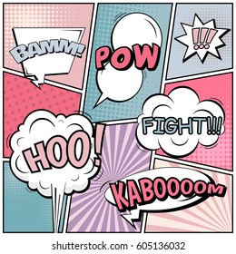 Abstract creative concept comic pop art style blank, layout template with clouds beams and isolated dots background. For sale banner, empty speech bubble set, vector illustration halftone book design