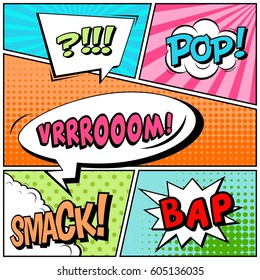 Abstract creative concept comic pop art style blank, layout template with clouds beams and isolated dots background. For sale banner, empty speech bubble set, vector illustration halftone book design
