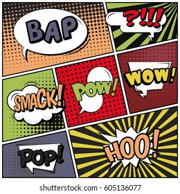 Abstract creative concept comic pop art style blank, layout template with clouds beams and isolated dots background. For sale banner, empty speech bubble set, vector illustration halftone book design