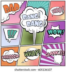 Abstract creative concept comic pop art style blank, layout template with clouds beams and isolated dots background. For sale banner, empty speech bubble set, vector illustration halftone book design