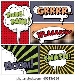 Abstract creative concept comic pop art style blank, layout template with clouds beams and isolated dots background. For sale banner, empty speech bubble set, vector illustration halftone book design