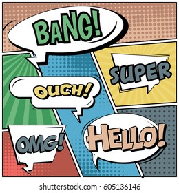 Abstract creative concept comic pop art style blank, layout template with clouds beams and isolated dots background. For sale banner, empty speech bubble set, vector illustration halftone book design