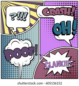 Abstract creative concept comic pop art style blank, layout template with clouds beams and isolated dots background. For sale banner, empty speech bubble set, vector illustration halftone book design