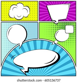 Abstract creative concept comic pop art style blank, layout template with clouds beams and isolated dots background. For sale banner, empty speech bubble set, vector illustration halftone book design