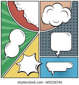 Abstract creative concept comic pop art style blank, layout template with clouds beams and isolated dots background. For sale banner, empty speech bubble set, vector illustration halftone book design
