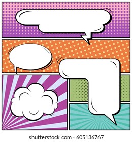 Abstract creative concept comic pop art style blank, layout template with clouds beams and isolated dots background. For sale banner, empty speech bubble set, vector illustration halftone book design