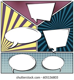 Abstract creative concept comic pop art style blank, layout template with clouds beams and isolated dots background. For sale banner, empty speech bubble set, vector illustration halftone book design