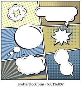 Abstract creative concept comic pop art style blank, layout template with clouds beams and isolated dots background. For sale banner, empty speech bubble set, vector illustration halftone book design