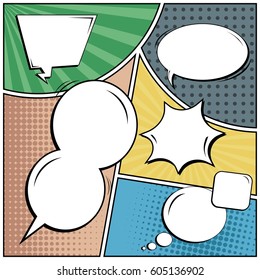 Abstract creative concept comic pop art style blank, layout template with clouds beams and isolated dots background. For sale banner, empty speech bubble set, vector illustration halftone book design