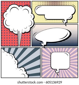 Abstract creative concept comic pop art style blank, layout template with clouds beams and isolated dots background. For sale banner, empty speech bubble set, vector illustration halftone book design