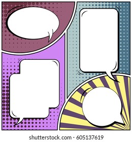 Abstract creative concept comic pop art style blank, layout template with clouds beams and isolated dots background. For sale banner, empty speech bubble set, vector illustration halftone book design